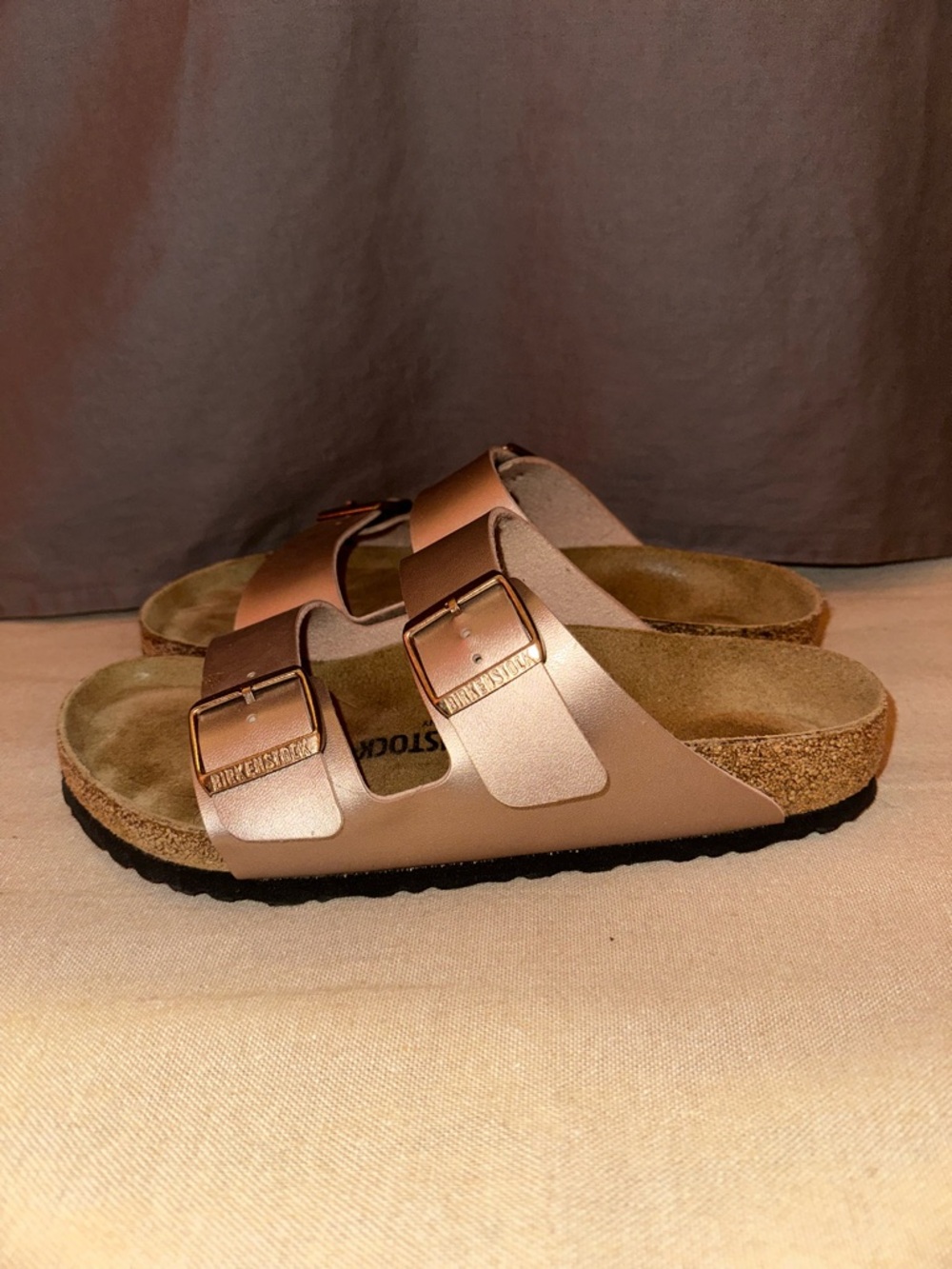 Birkenstock Arizona Metallic Rose Gold Double-Strap Sandals